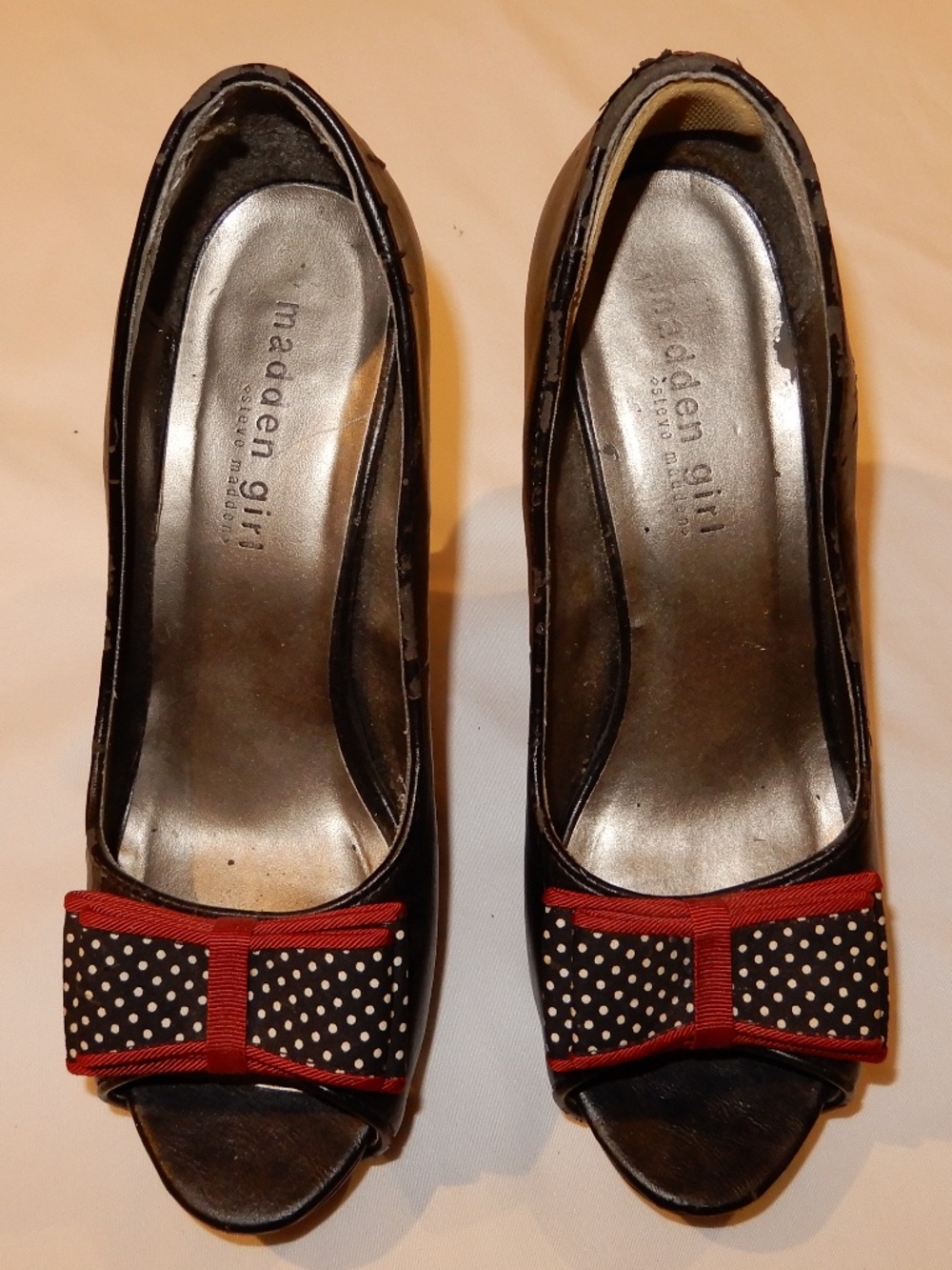 Madden Girl Black Peep Toe Heels Red Polka Dot Bow Size 7